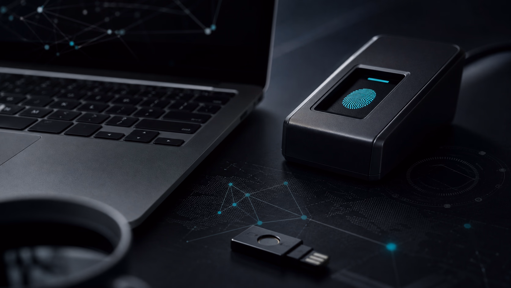 Secure laptop, hardware key and fingerprint scanner on graphite surfaces