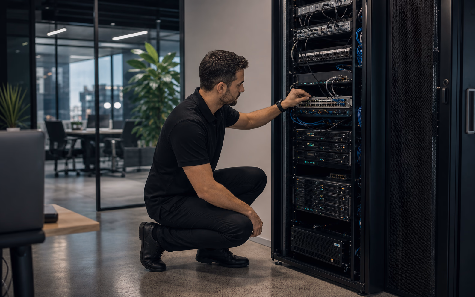 IT technician working beside a visible server rack with network switches and patch panels
