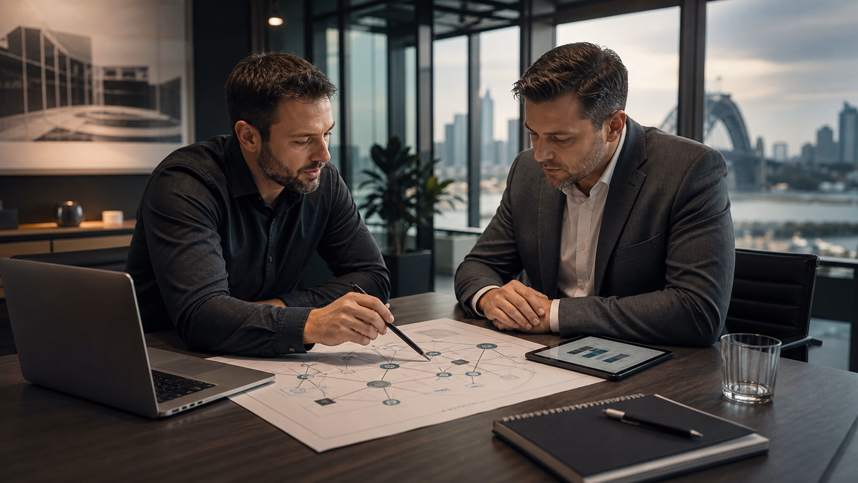 IT engineer and business owner reviewing an audit plan at a conference table